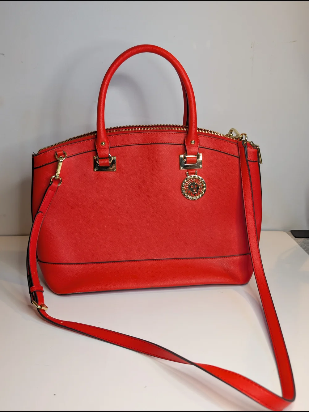 Anne Klein Red Satchel W/Top Handle Zip & Gold Hardware & Detachable Strap
